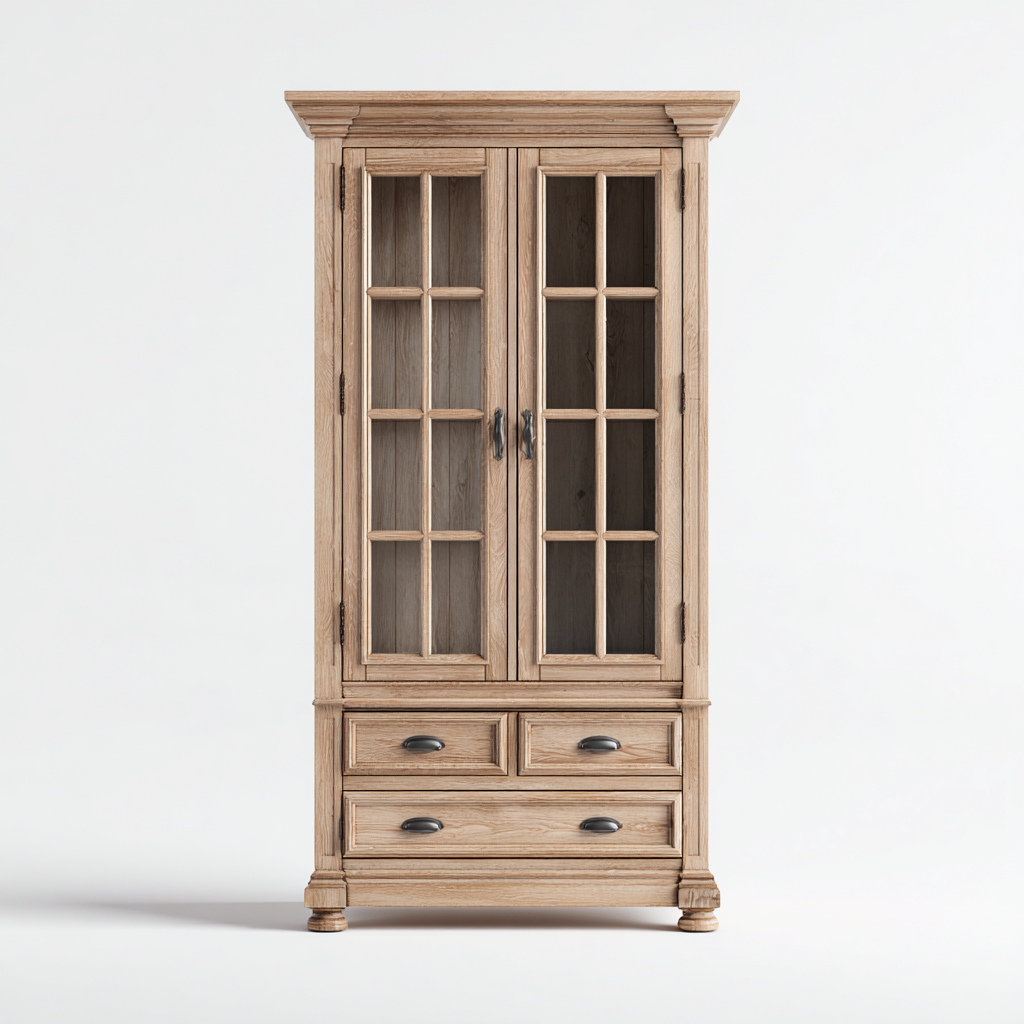 Vetrina in legno rovere chiaro e vetro 102x45x195 cm - con spazio contenitore adatta per cucina - stile classico-Fazorastudio