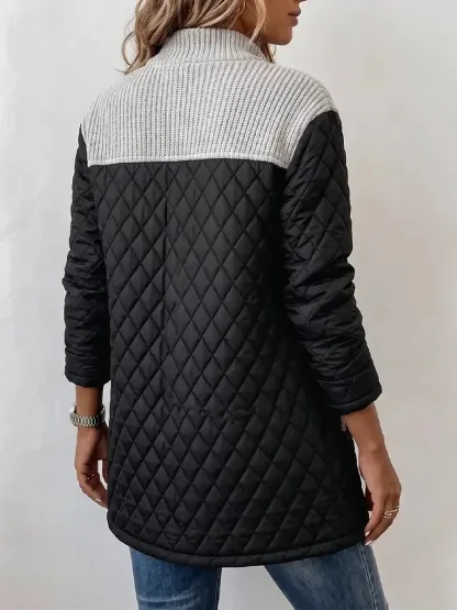 Vintage Elegant Knit Patchwork Pu Quilted Coat