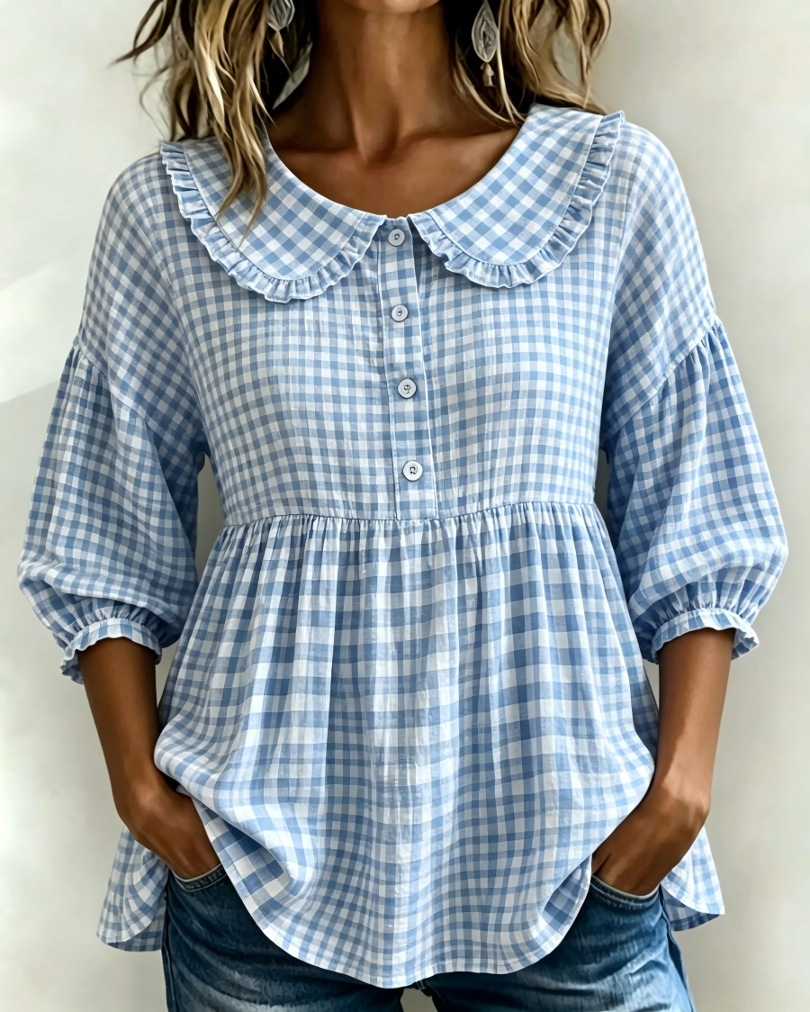 New Arrivals🔥Women's Gingham Puff Sleeve Peplum Blouse