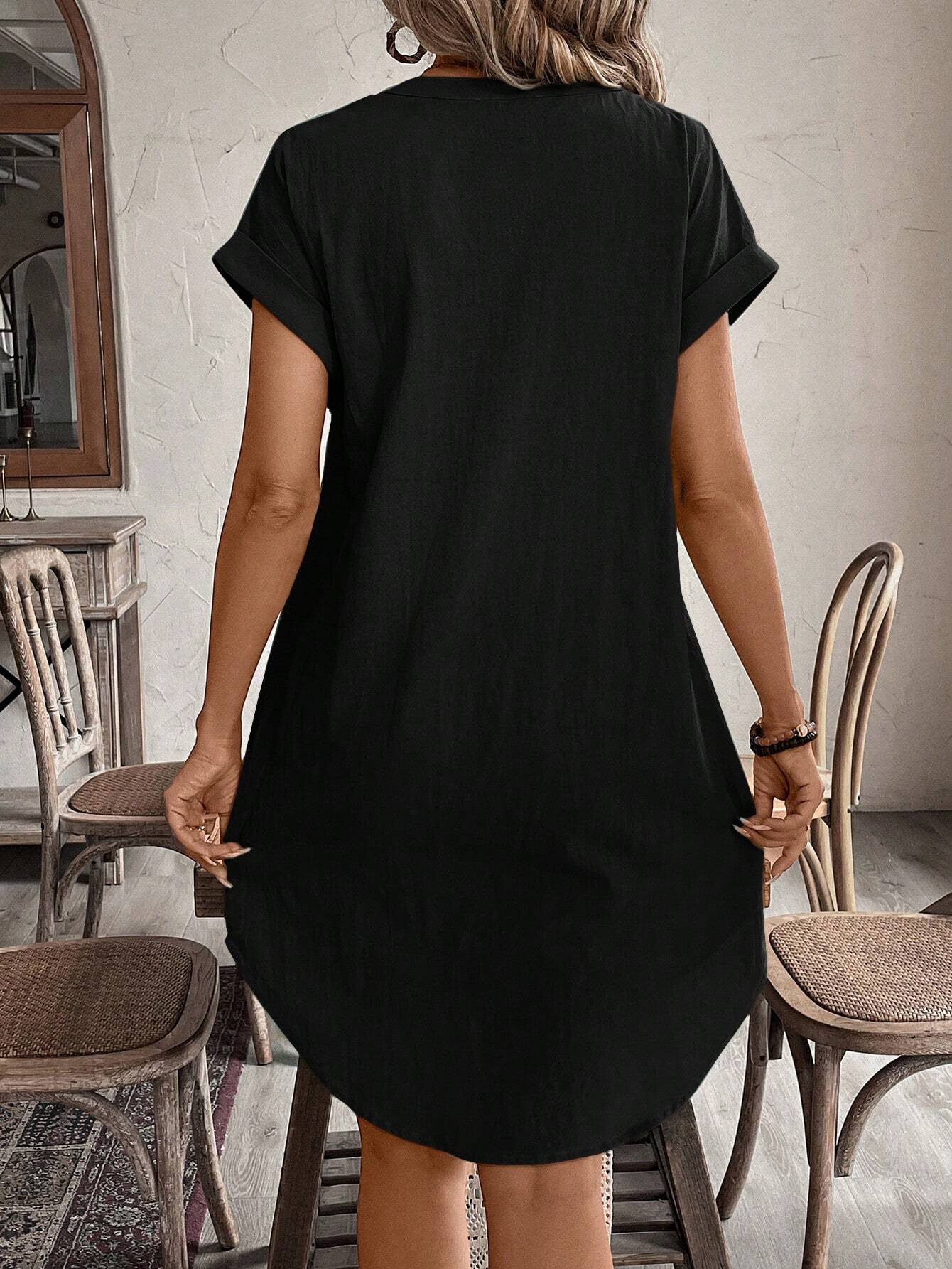 EMERY ROSE Women's V-Neck Button Closure Short Dress, Suitable For Spring And Summer,Black Dress For Women