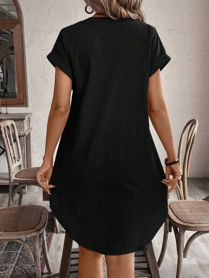 EMERY ROSE Women's V-Neck Button Closure Short Dress, Suitable For Spring And Summer,Black Dress For Women