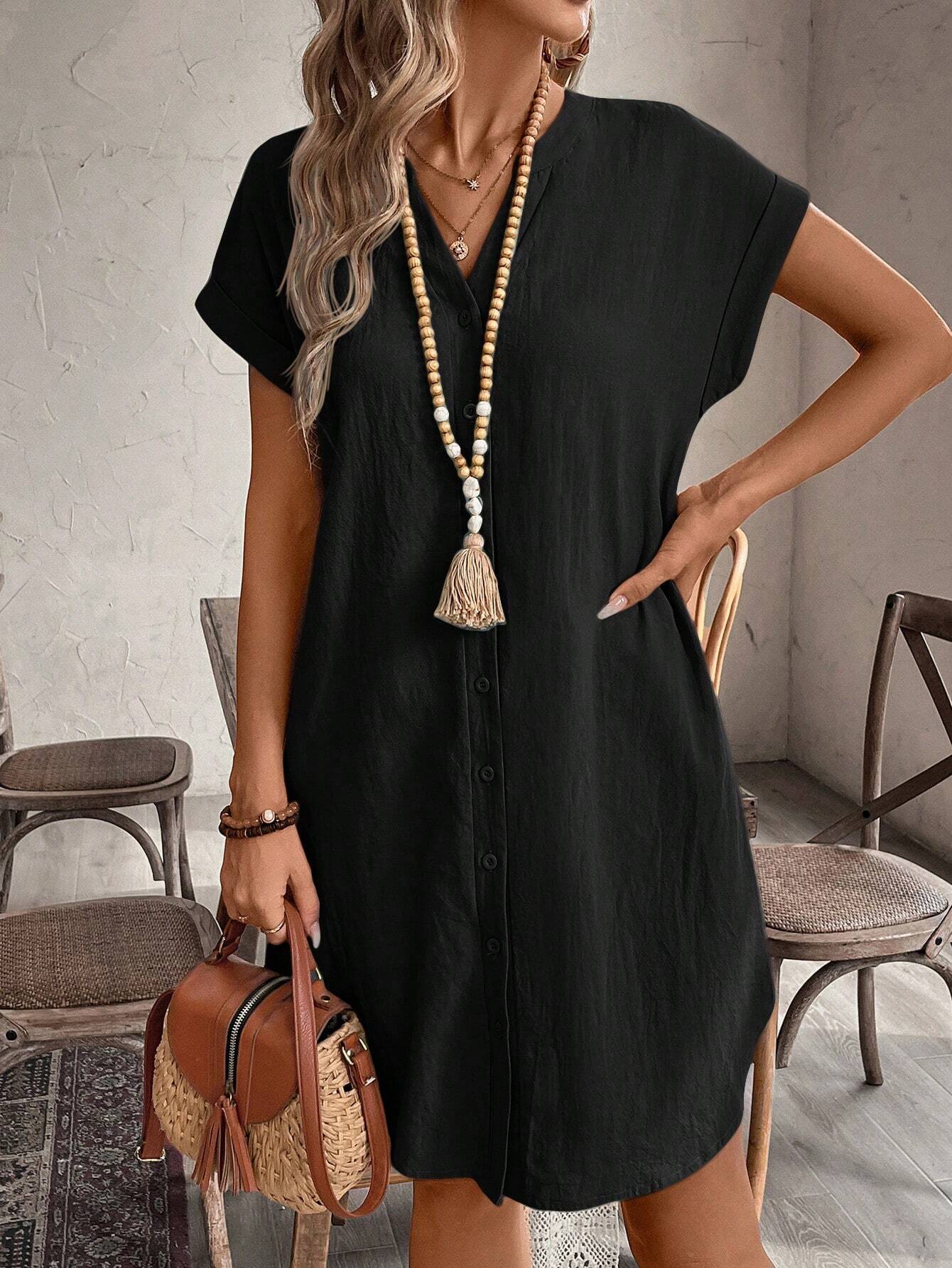 EMERY ROSE Women's V-Neck Button Closure Short Dress, Suitable For Spring And Summer,Black Dress For Women