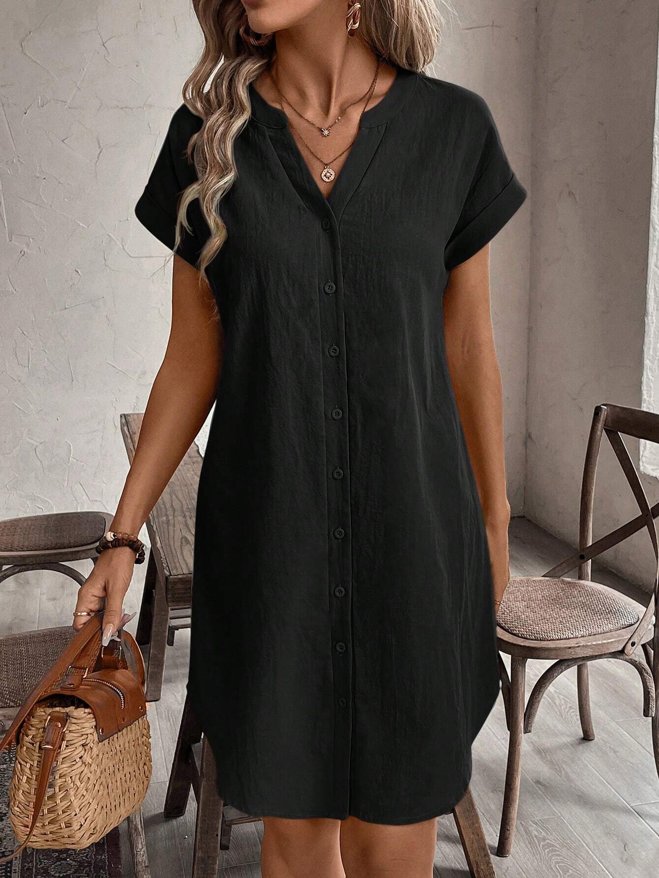 EMERY ROSE Women's V-Neck Button Closure Short Dress, Suitable For Spring And Summer,Black Dress For Women
