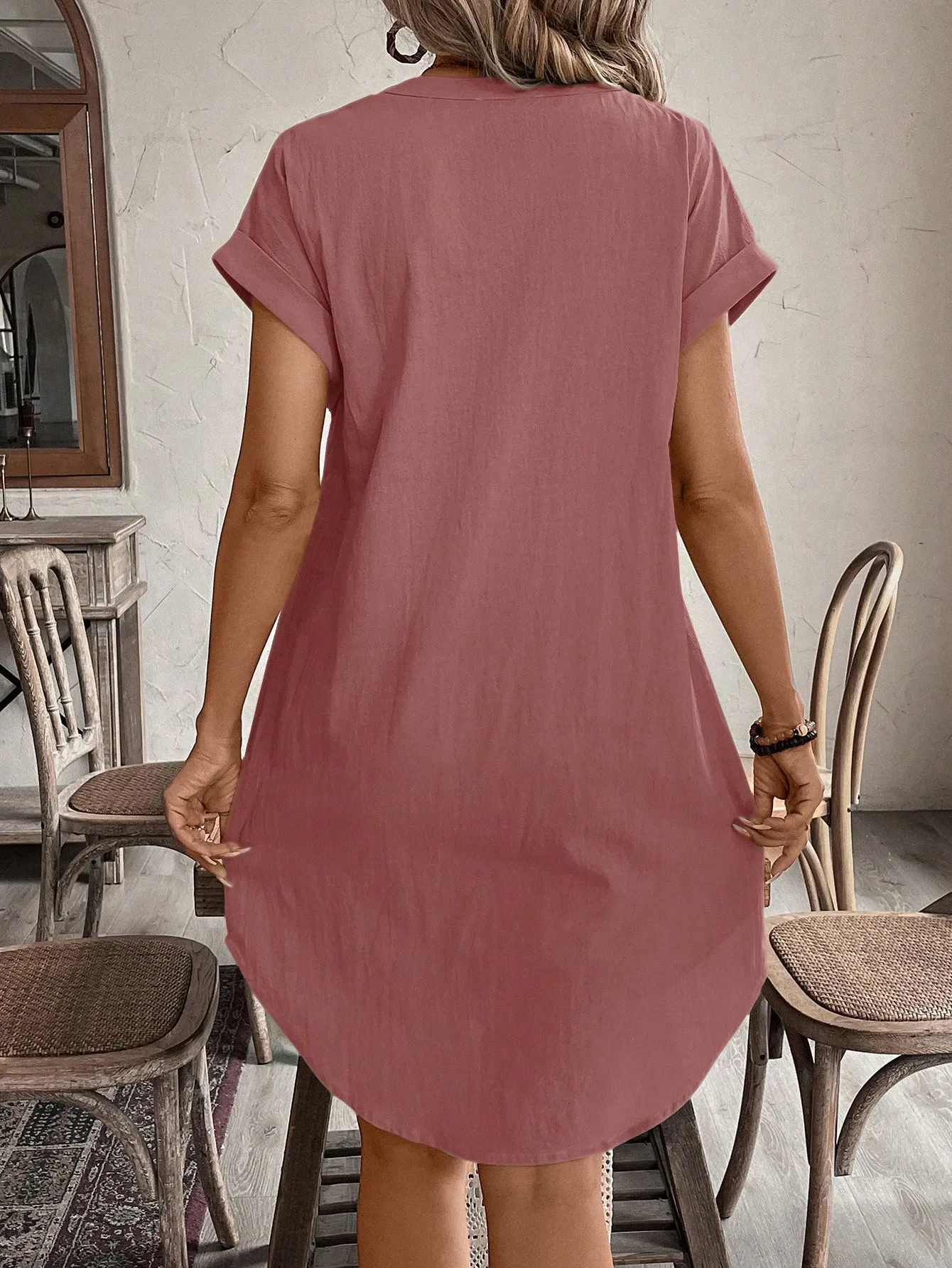 EMERY ROSE Women's V-Neck Button Closure Short Dress, Suitable For Spring And Summer,Black Dress For Women