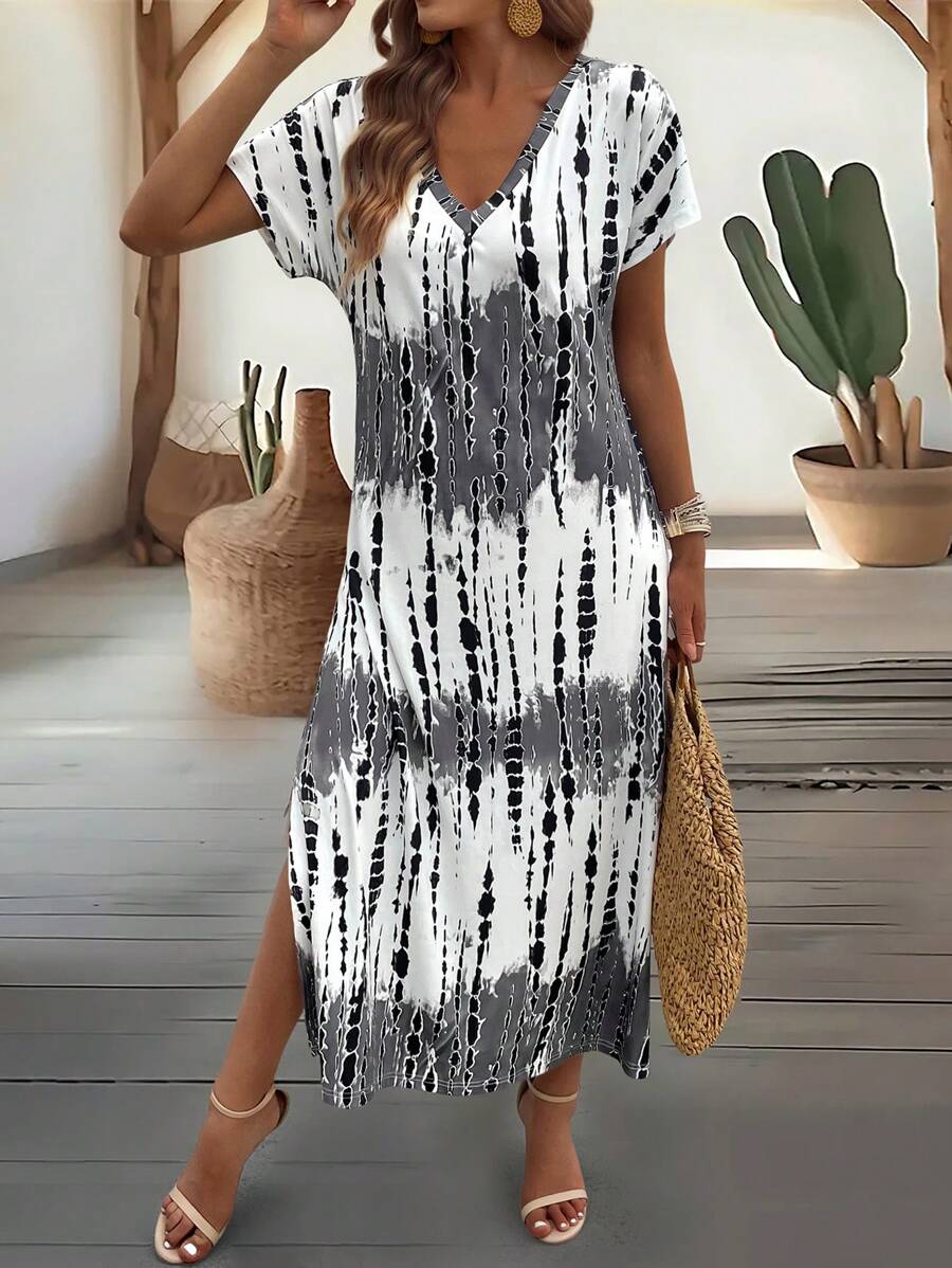 EMERY ROSE Summer New Casual Women's V-Neck Short Sleeve Loose Tie-Dye Print Split Dress