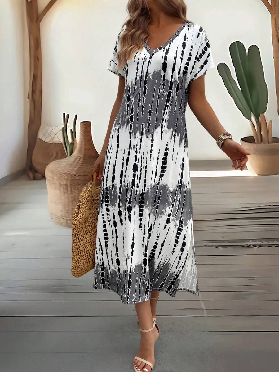 EMERY ROSE Summer New Casual Women's V-Neck Short Sleeve Loose Tie-Dye Print Split Dress