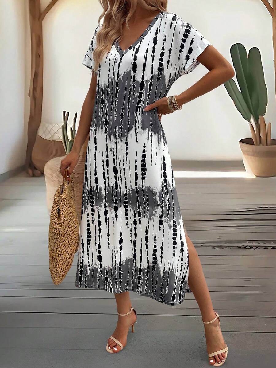 EMERY ROSE Summer New Casual Women's V-Neck Short Sleeve Loose Tie-Dye Print Split Dress