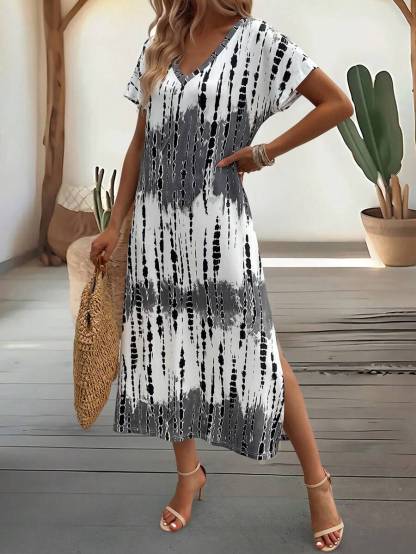 EMERY ROSE Summer New Casual Women's V-Neck Short Sleeve Loose Tie-Dye Print Split Dress