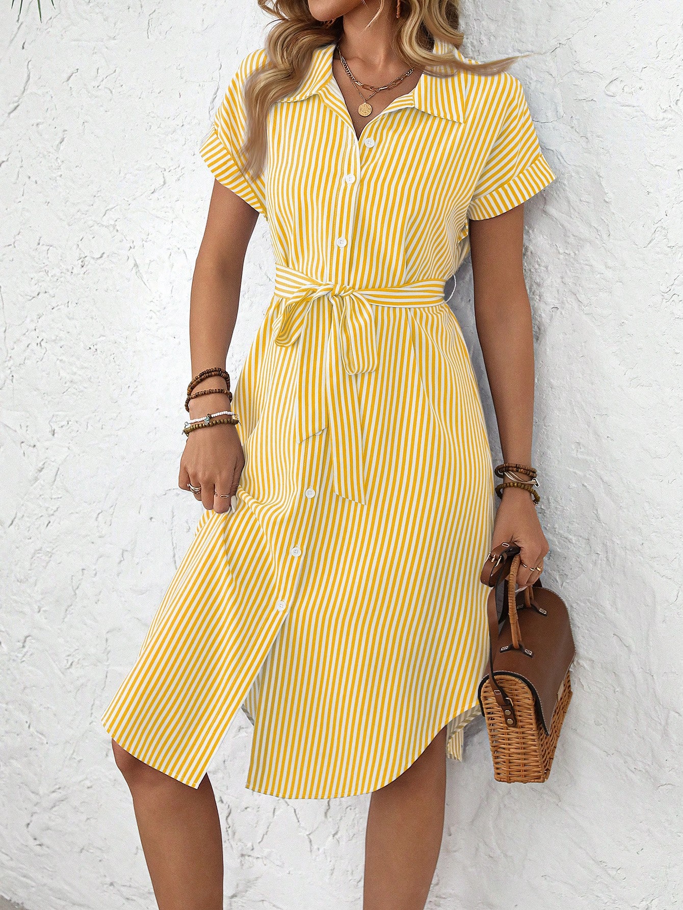 EMERY ROSE Women's Casual Striped Print Button Waist Midi Dress Shirt Women Up Short Sleeve Summer Dress