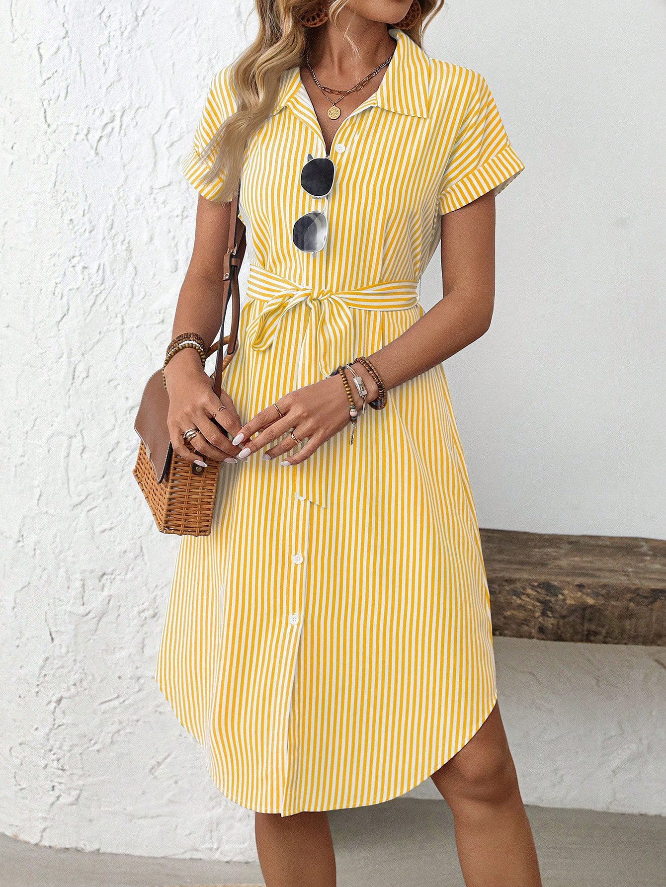 EMERY ROSE Women's Casual Striped Print Button Waist Midi Dress Shirt Women Up Short Sleeve Summer Dress