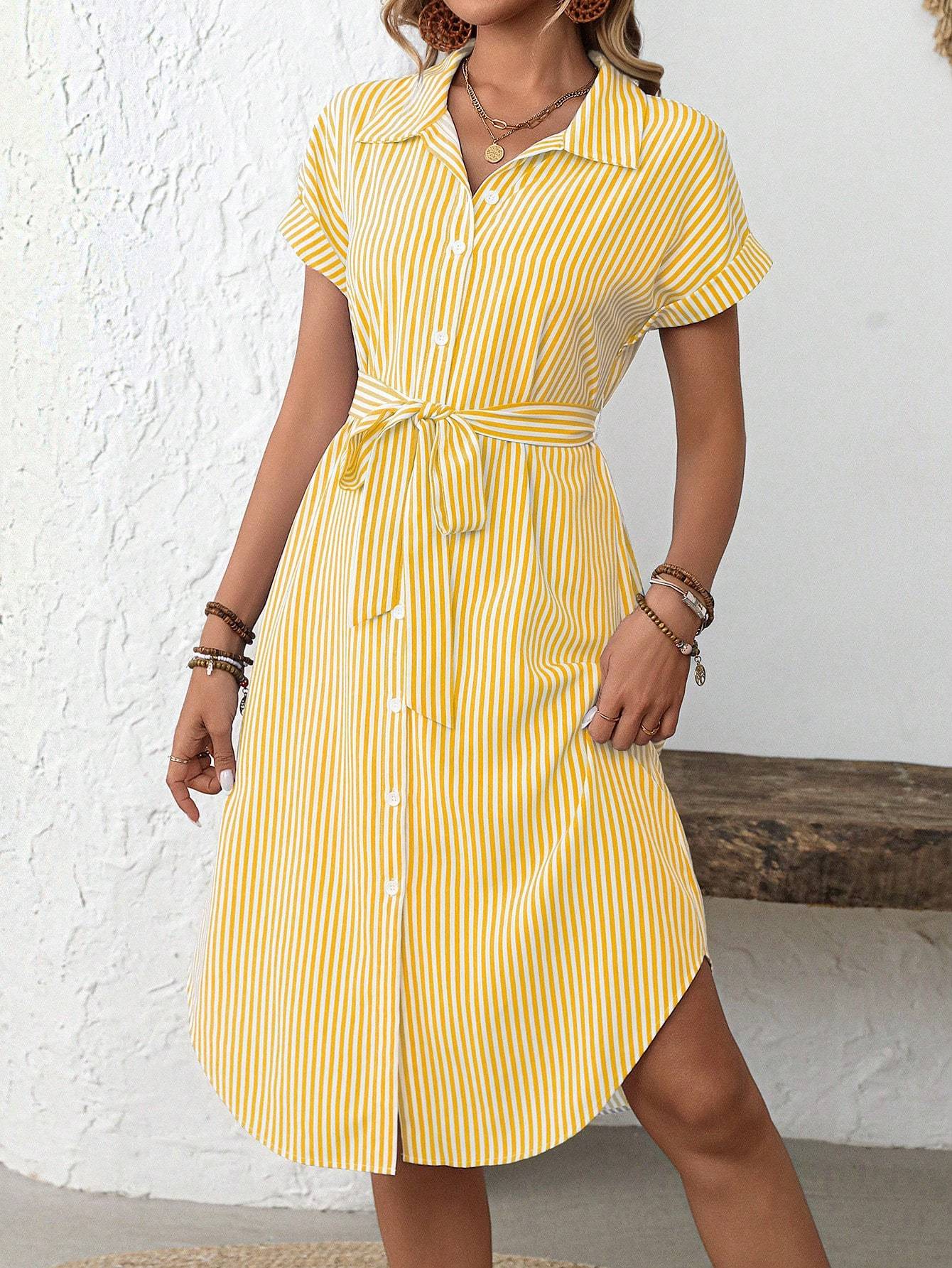 EMERY ROSE Women's Casual Striped Print Button Waist Midi Dress Shirt Women Up Short Sleeve Summer Dress
