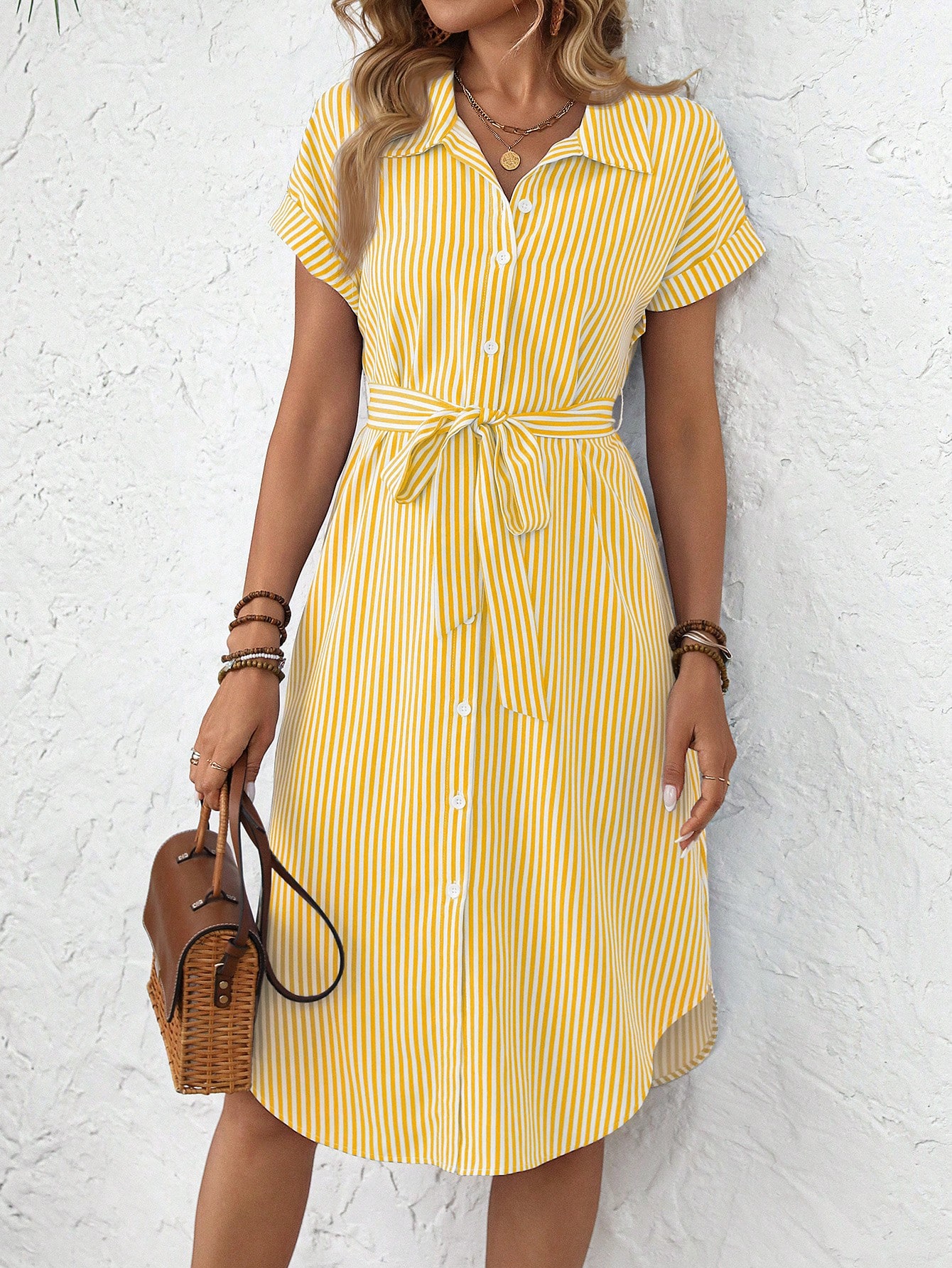 EMERY ROSE Women's Casual Striped Print Button Waist Midi Dress Shirt Women Up Short Sleeve Summer Dress