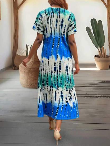 EMERY ROSE Summer New Casual Women's V-Neck Short Sleeve Loose Tie-Dye Print Split Dress