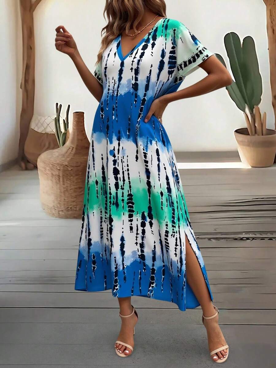 EMERY ROSE Summer New Casual Women's V-Neck Short Sleeve Loose Tie-Dye Print Split Dress