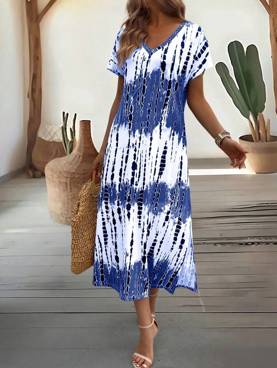 EMERY ROSE Summer New Casual Women's V-Neck Short Sleeve Loose Tie-Dye Print Split Dress