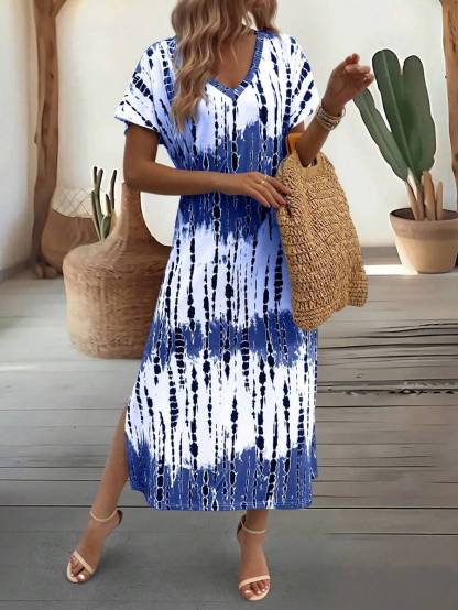 EMERY ROSE Summer New Casual Women's V-Neck Short Sleeve Loose Tie-Dye Print Split Dress