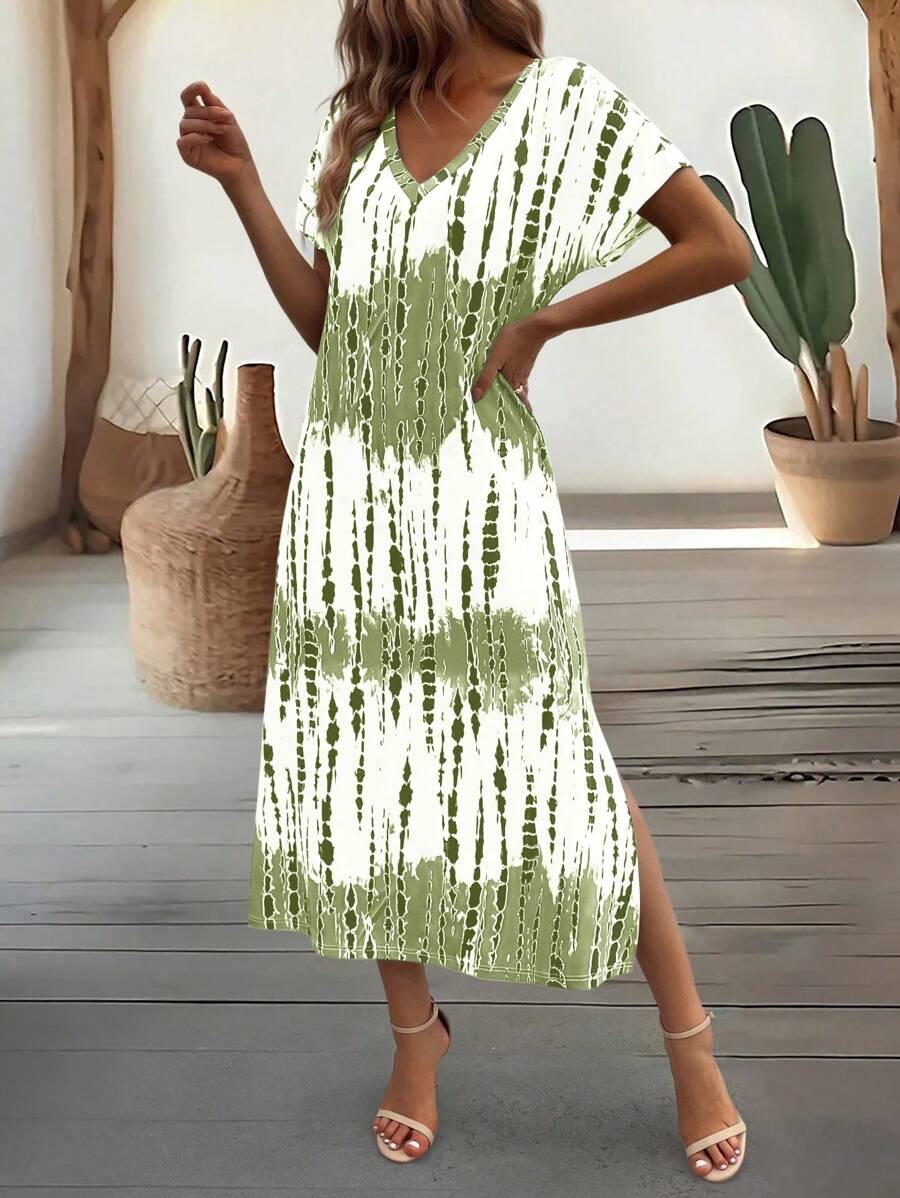 EMERY ROSE Summer New Casual Women's V-Neck Short Sleeve Loose Tie-Dye Print Split Dress