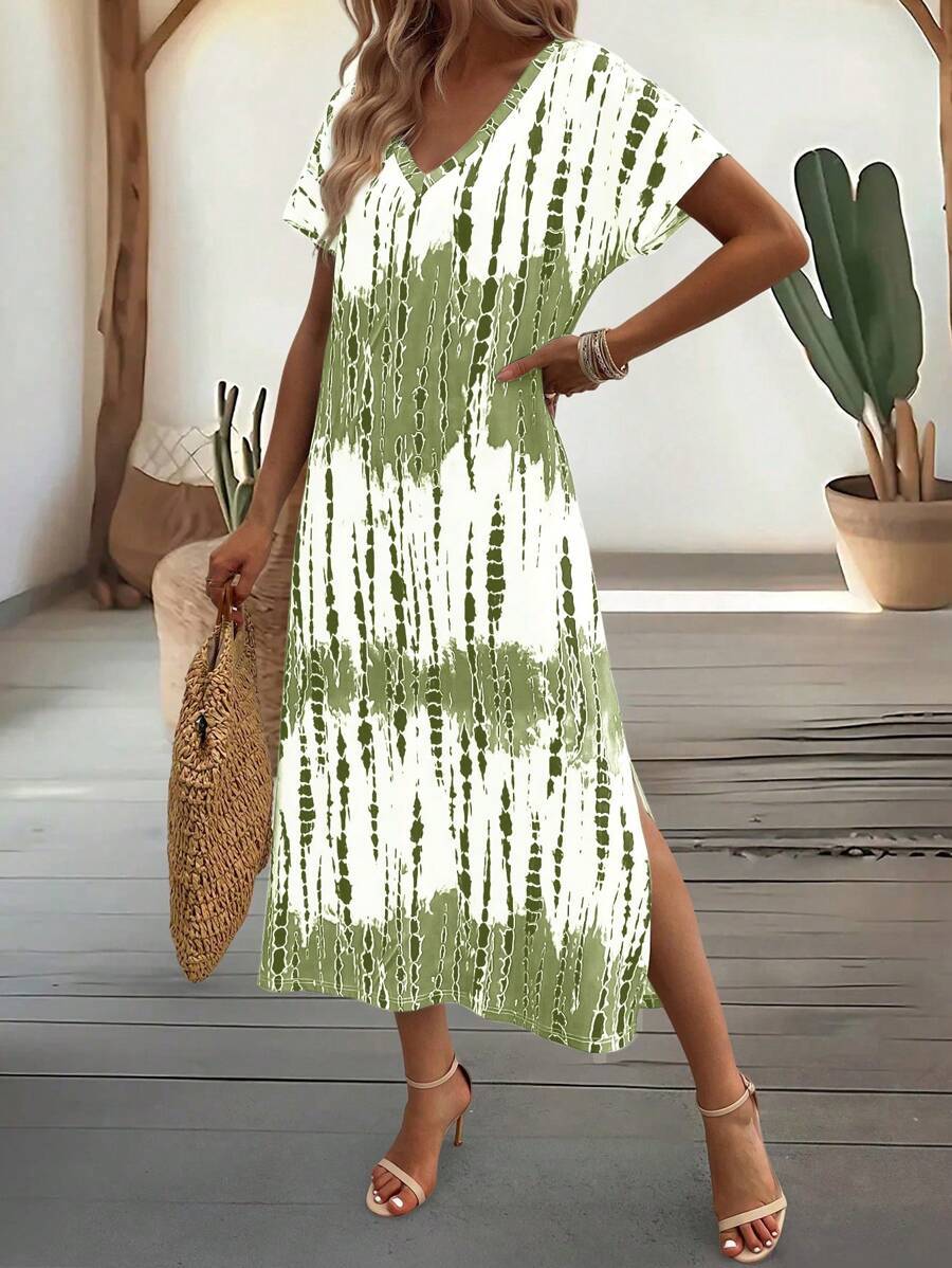 EMERY ROSE Summer New Casual Women's V-Neck Short Sleeve Loose Tie-Dye Print Split Dress
