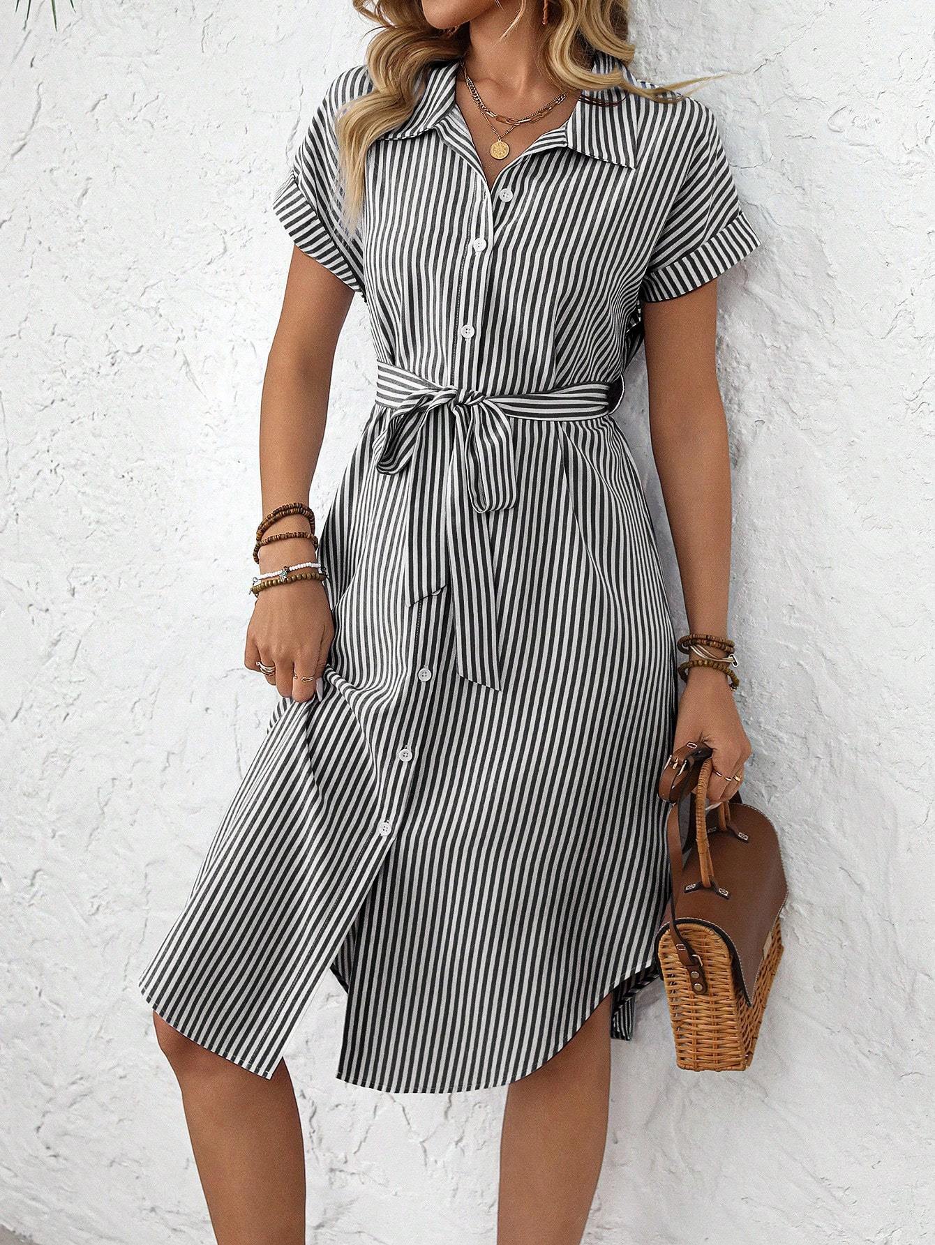 EMERY ROSE Women's Casual Striped Print Button Waist Midi Dress Shirt Women Up Short Sleeve Summer Dress
