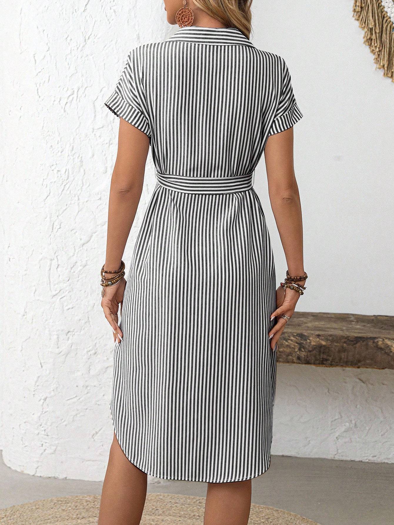 EMERY ROSE Women's Casual Striped Print Button Waist Midi Dress Shirt Women Up Short Sleeve Summer Dress