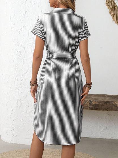 EMERY ROSE Women's Casual Striped Print Button Waist Midi Dress Shirt Women Up Short Sleeve Summer Dress