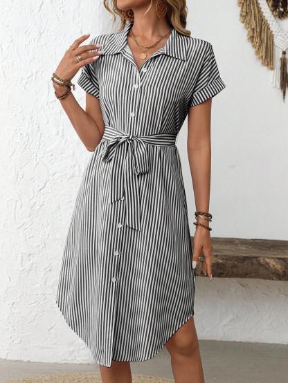 EMERY ROSE Women's Casual Striped Print Button Waist Midi Dress Shirt Women Up Short Sleeve Summer Dress
