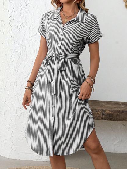 EMERY ROSE Women's Casual Striped Print Button Waist Midi Dress Shirt Women Up Short Sleeve Summer Dress