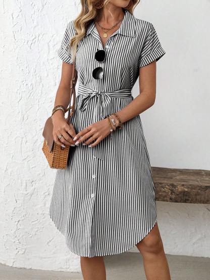EMERY ROSE Women's Casual Striped Print Button Waist Midi Dress Shirt Women Up Short Sleeve Summer Dress