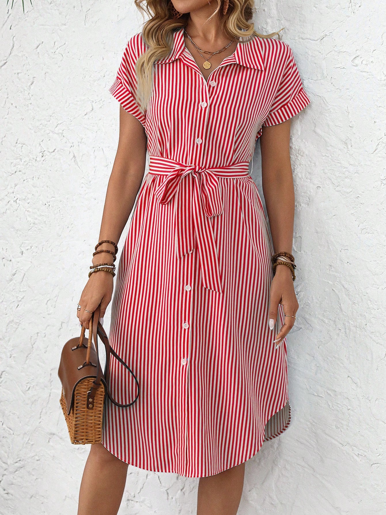 EMERY ROSE Women's Casual Striped Print Button Waist Midi Dress Shirt Women Up Short Sleeve Summer Dress