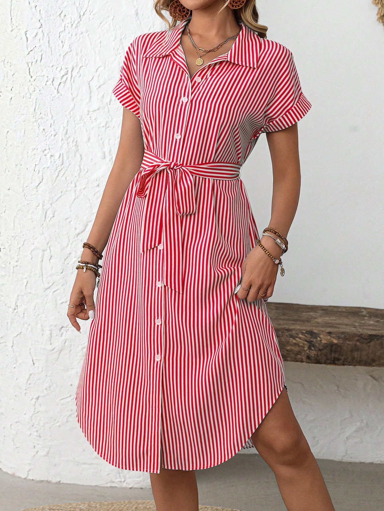 EMERY ROSE Women's Casual Striped Print Button Waist Midi Dress Shirt Women Up Short Sleeve Summer Dress
