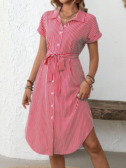 EMERY ROSE Women's Casual Striped Print Button Waist Midi Dress Shirt Women Up Short Sleeve Summer Dress