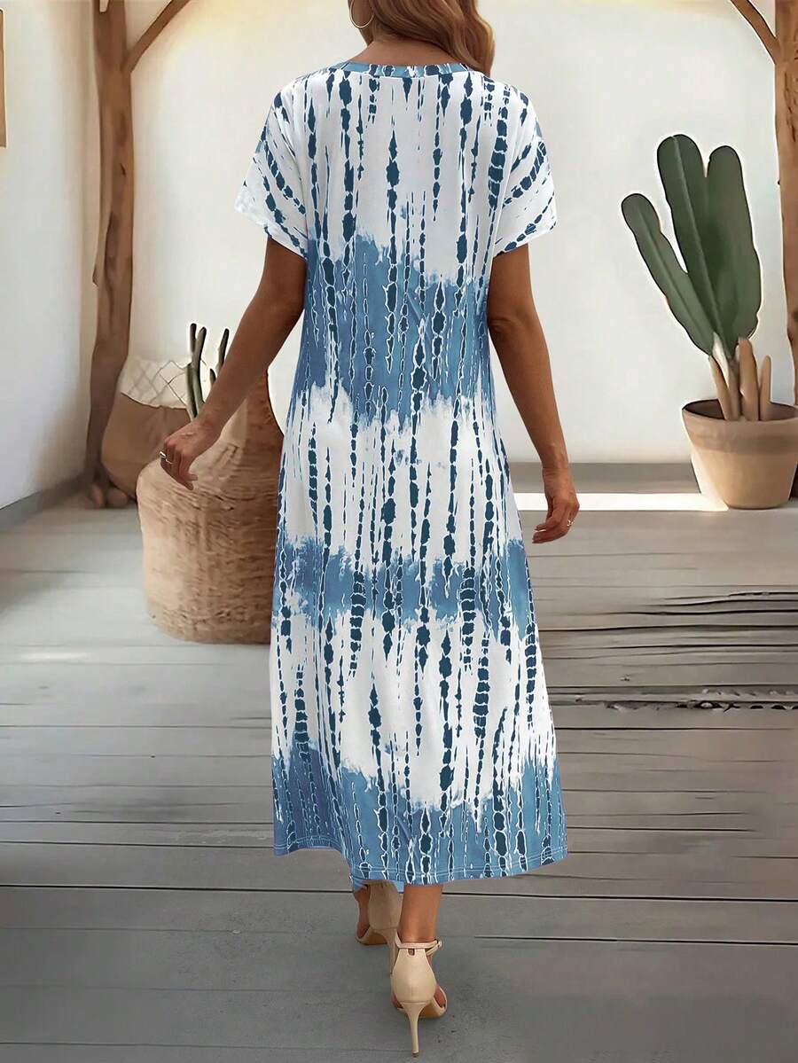 EMERY ROSE Summer New Casual Women's V-Neck Short Sleeve Loose Tie-Dye Print Split Dress