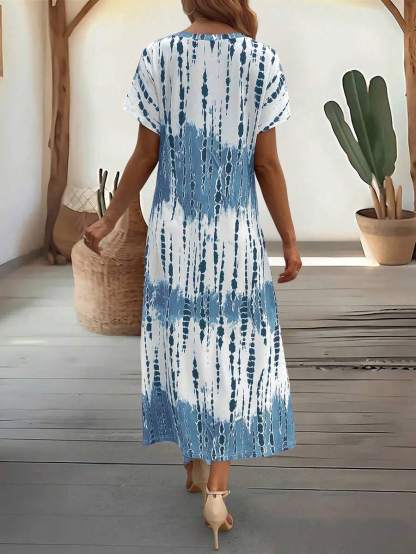 EMERY ROSE Summer New Casual Women's V-Neck Short Sleeve Loose Tie-Dye Print Split Dress
