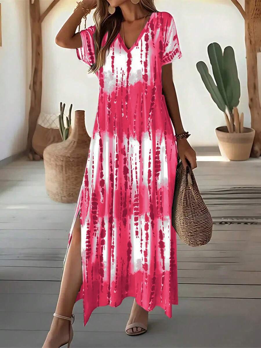 EMERY ROSE Summer New Casual Women's V-Neck Short Sleeve Loose Tie-Dye Print Split Dress