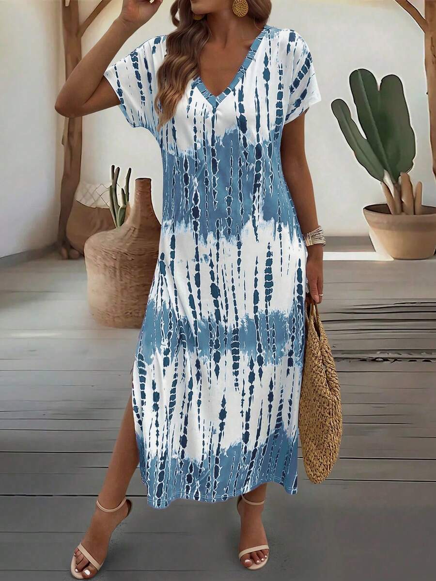 EMERY ROSE Summer New Casual Women's V-Neck Short Sleeve Loose Tie-Dye Print Split Dress