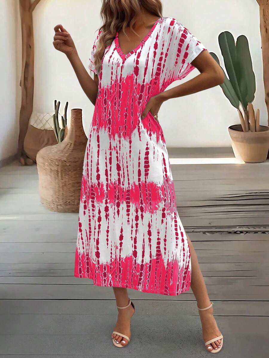 EMERY ROSE Summer New Casual Women's V-Neck Short Sleeve Loose Tie-Dye Print Split Dress