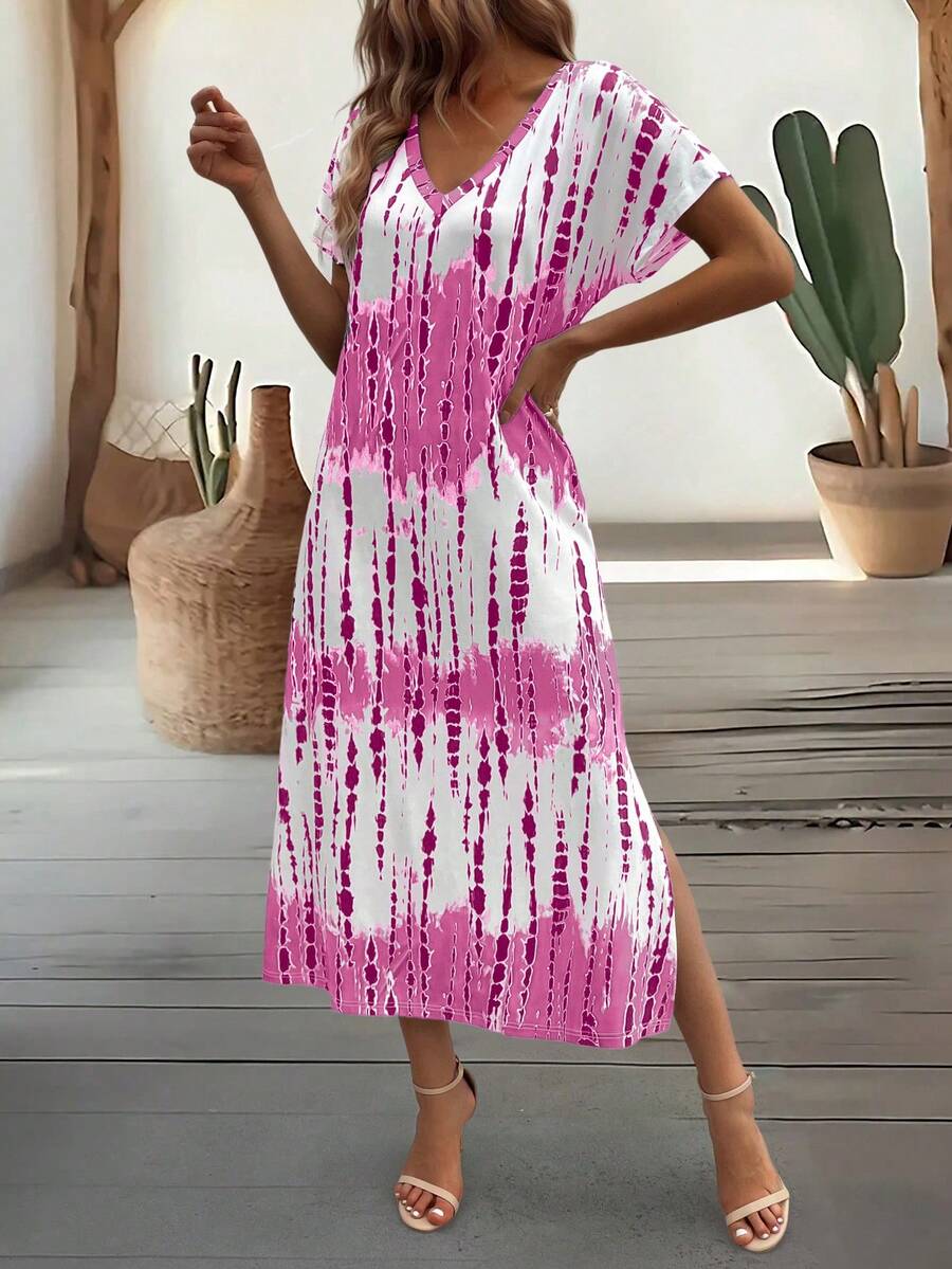 EMERY ROSE Summer New Casual Women's V-Neck Short Sleeve Loose Tie-Dye Print Split Dress