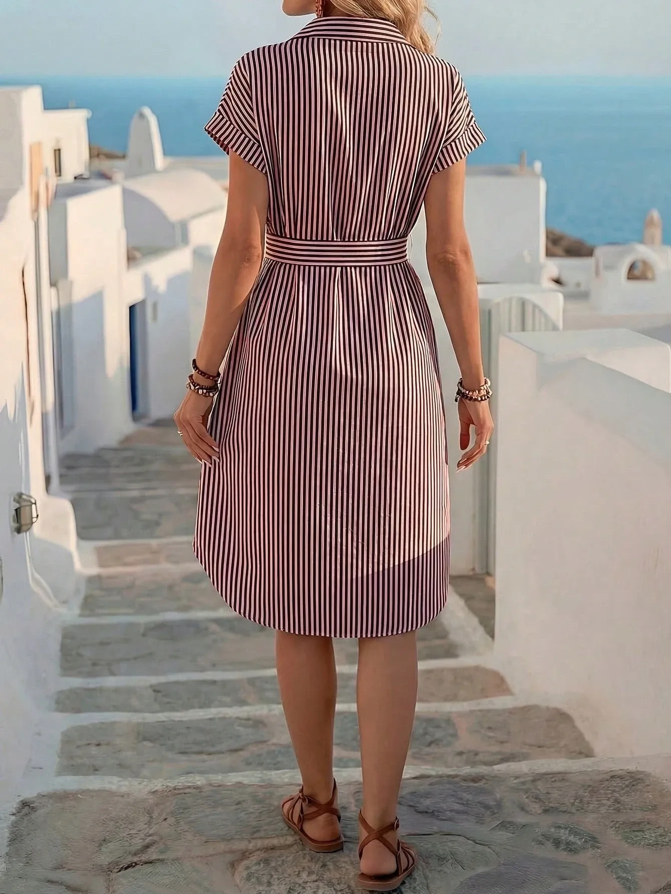 EMERY ROSE Women's Casual Striped Print Button Waist Midi Dress Shirt Women Up Short Sleeve Summer Dress