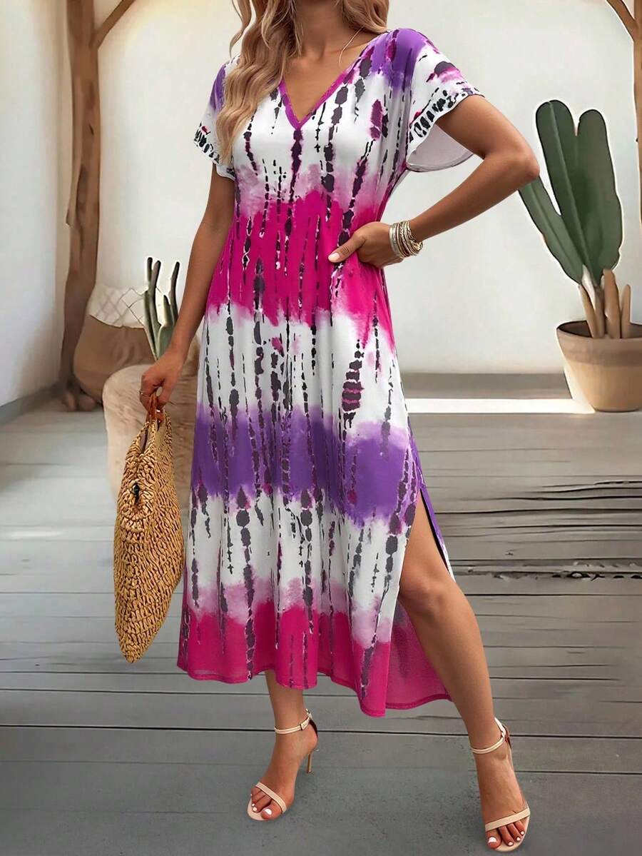 EMERY ROSE Summer New Casual Women's V-Neck Short Sleeve Loose Tie-Dye Print Split Dress