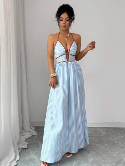 Elenzga Tall Women's Striped Halter Long Cami Dress Sleeveless Blue Flared Hem Beach Style Party Elegant