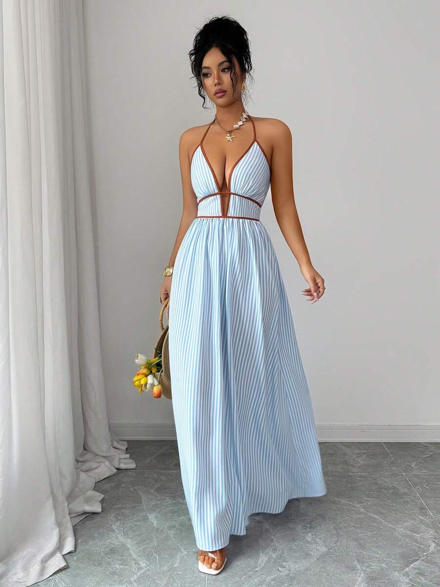 Elenzga Tall Women's Striped Halter Long Cami Dress Sleeveless Blue Flared Hem Beach Style Party Elegant