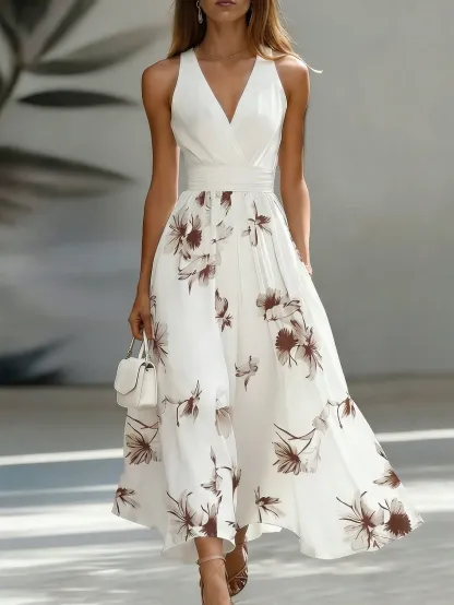EMERY ROSE AB Patchwork V-Neck Sleeveless Waist Cinched Elegant Midi Dress, Suitable For Work & Vacation