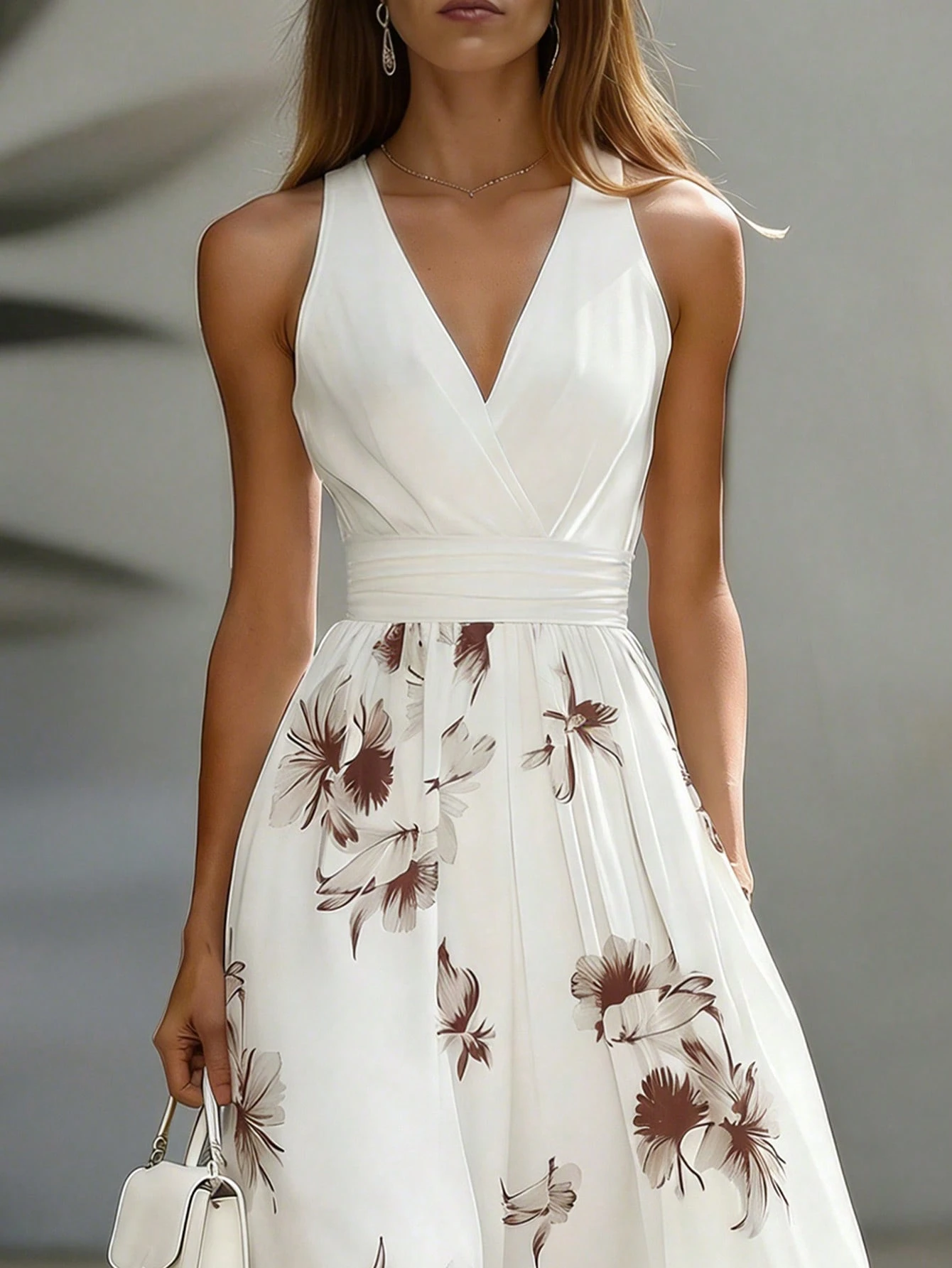 EMERY ROSE AB Patchwork V-Neck Sleeveless Waist Cinched Elegant Midi Dress, Suitable For Work & Vacation