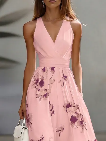 EMERY ROSE AB Patchwork V-Neck Sleeveless Waist Cinched Elegant Midi Dress, Suitable For Work & Vacation