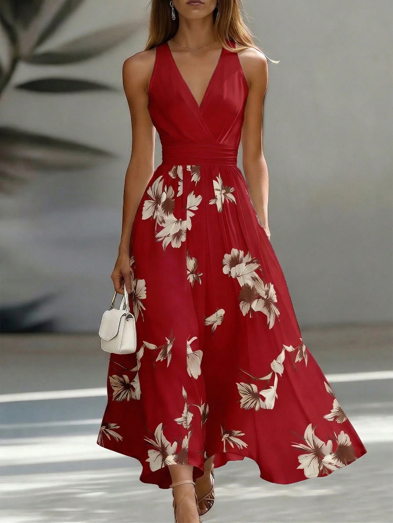 EMERY ROSE AB Patchwork V-Neck Sleeveless Waist Cinched Elegant Midi Dress, Suitable For Work & Vacation