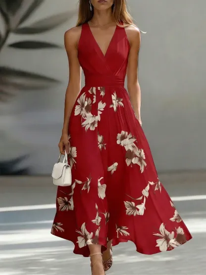 EMERY ROSE AB Patchwork V-Neck Sleeveless Waist Cinched Elegant Midi Dress, Suitable For Work & Vacation