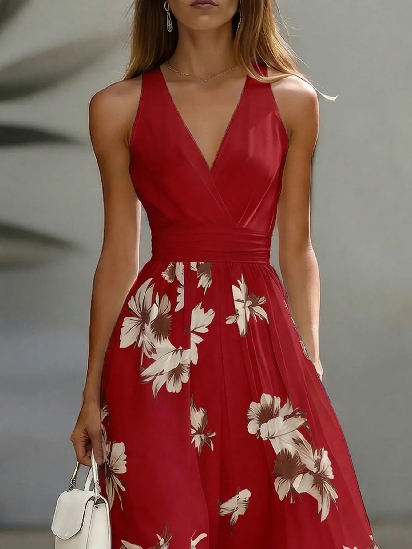 EMERY ROSE AB Patchwork V-Neck Sleeveless Waist Cinched Elegant Midi Dress, Suitable For Work & Vacation