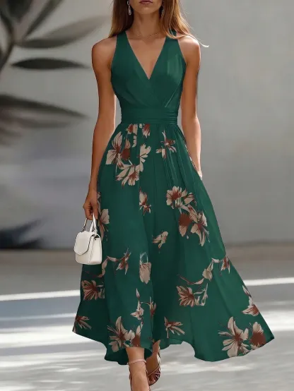 EMERY ROSE AB Patchwork V-Neck Sleeveless Waist Cinched Elegant Midi Dress, Suitable For Work & Vacation