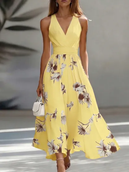 EMERY ROSE AB Patchwork V-Neck Sleeveless Waist Cinched Elegant Midi Dress, Suitable For Work & Vacation