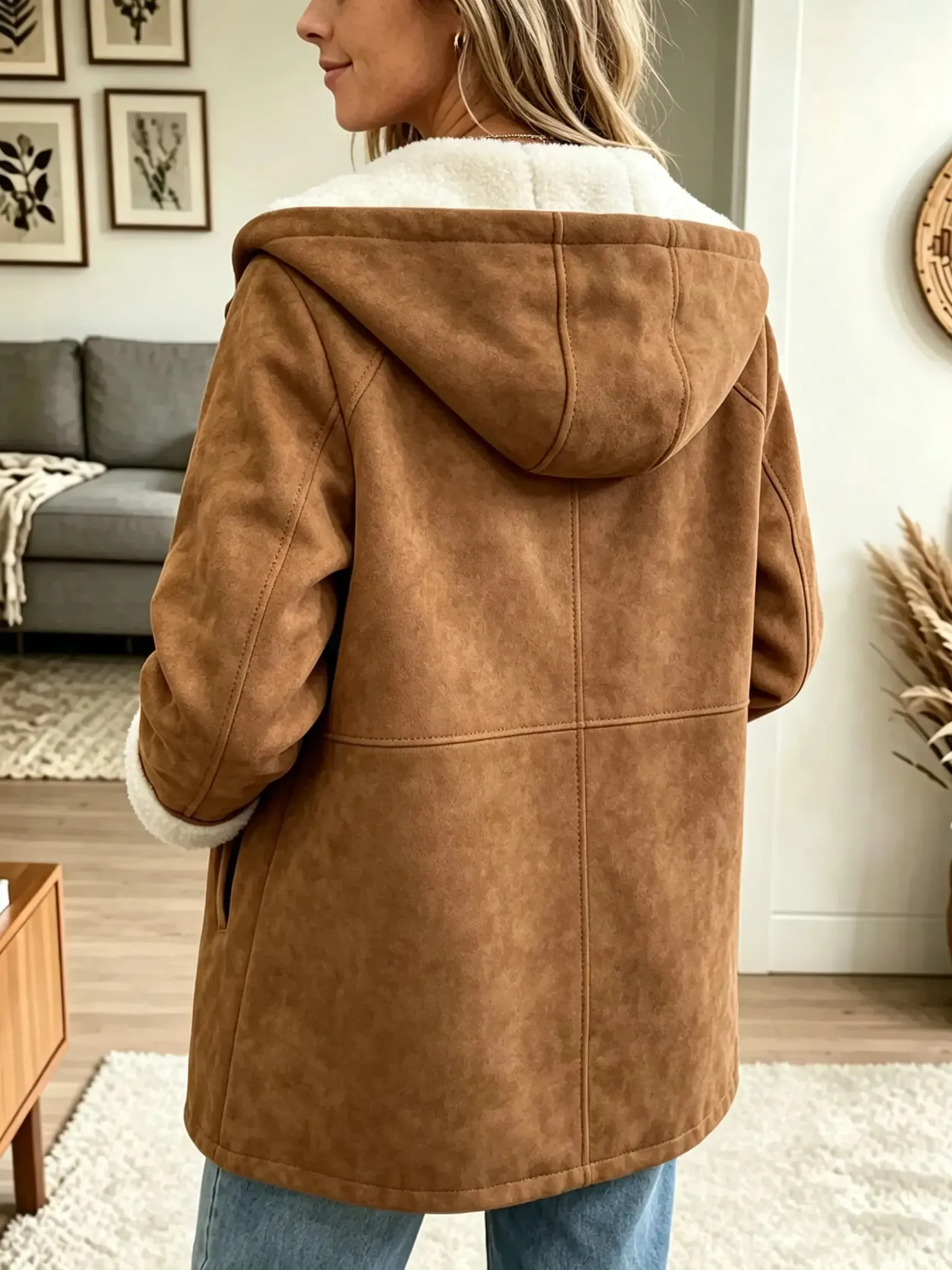Damenmantel aus Kunstwildleder mit Sherpa-Futter und Knebelverschluss